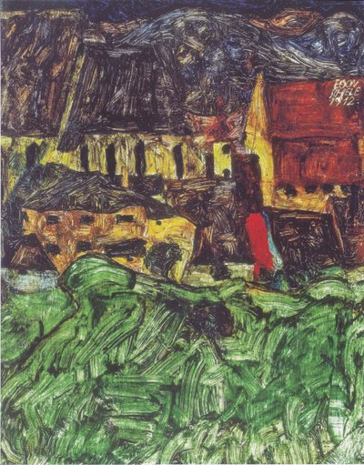 Paysage urbain de Krumau (Église Saint-Veit avec maisons) - Egon Schiele